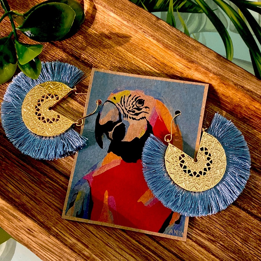 Gold with blue fringe pierced earrings